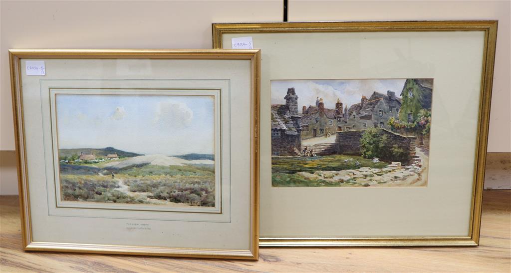 W W Collins, two watercolours, Purbeck Heath and Old Mill Pool, Swanage, signed, 17 x 25cm, framing differs